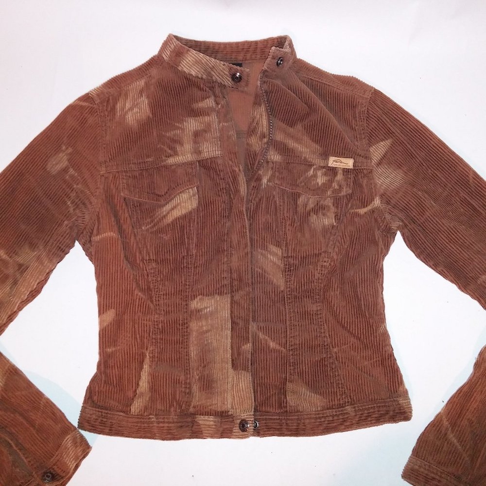 Fubu Jacket Women Small Corduroy Y2K Brown Tan Zip Up Pit to‎ Pit 17" Length 18"